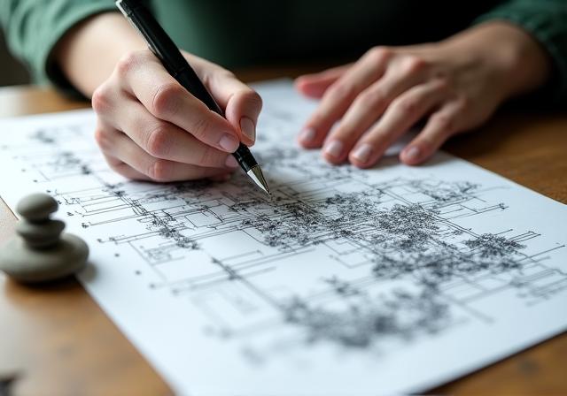 Projektant krajobrazu przy pracy nad szkicem ogrodu japo\u0144skiego